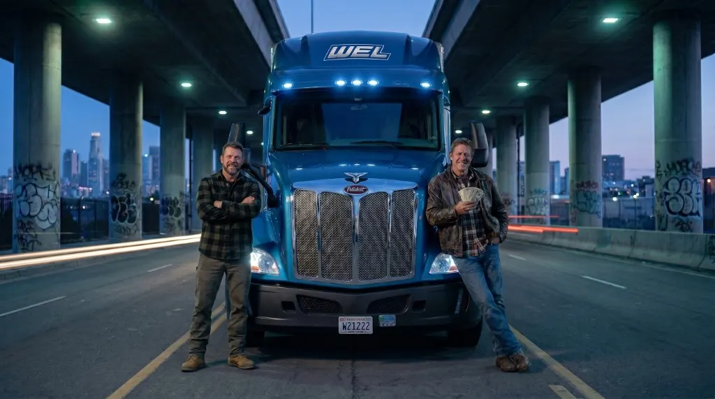 WEL Companies driver with earnings in front of a WEL truck